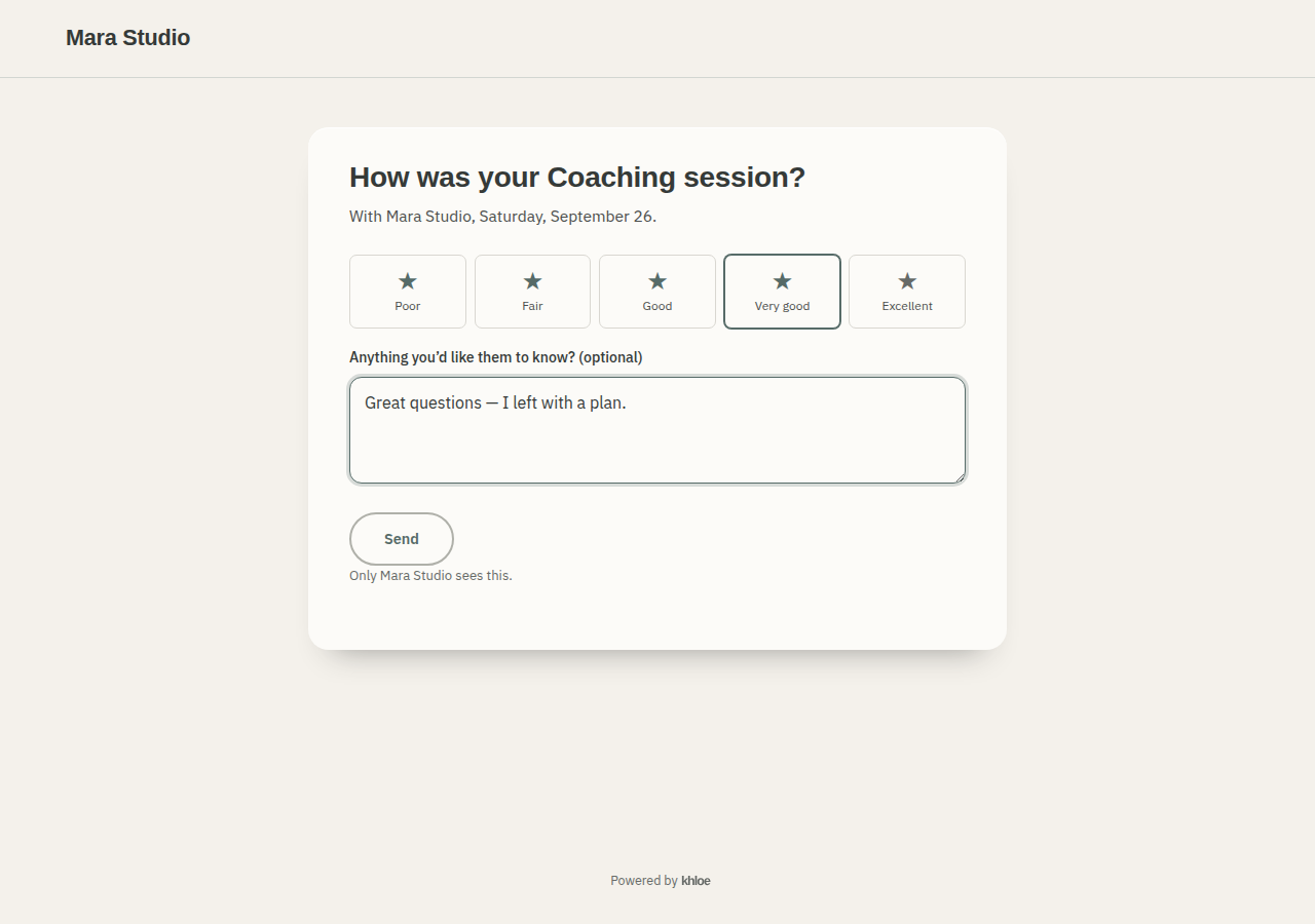 A private one-to-five session rating form