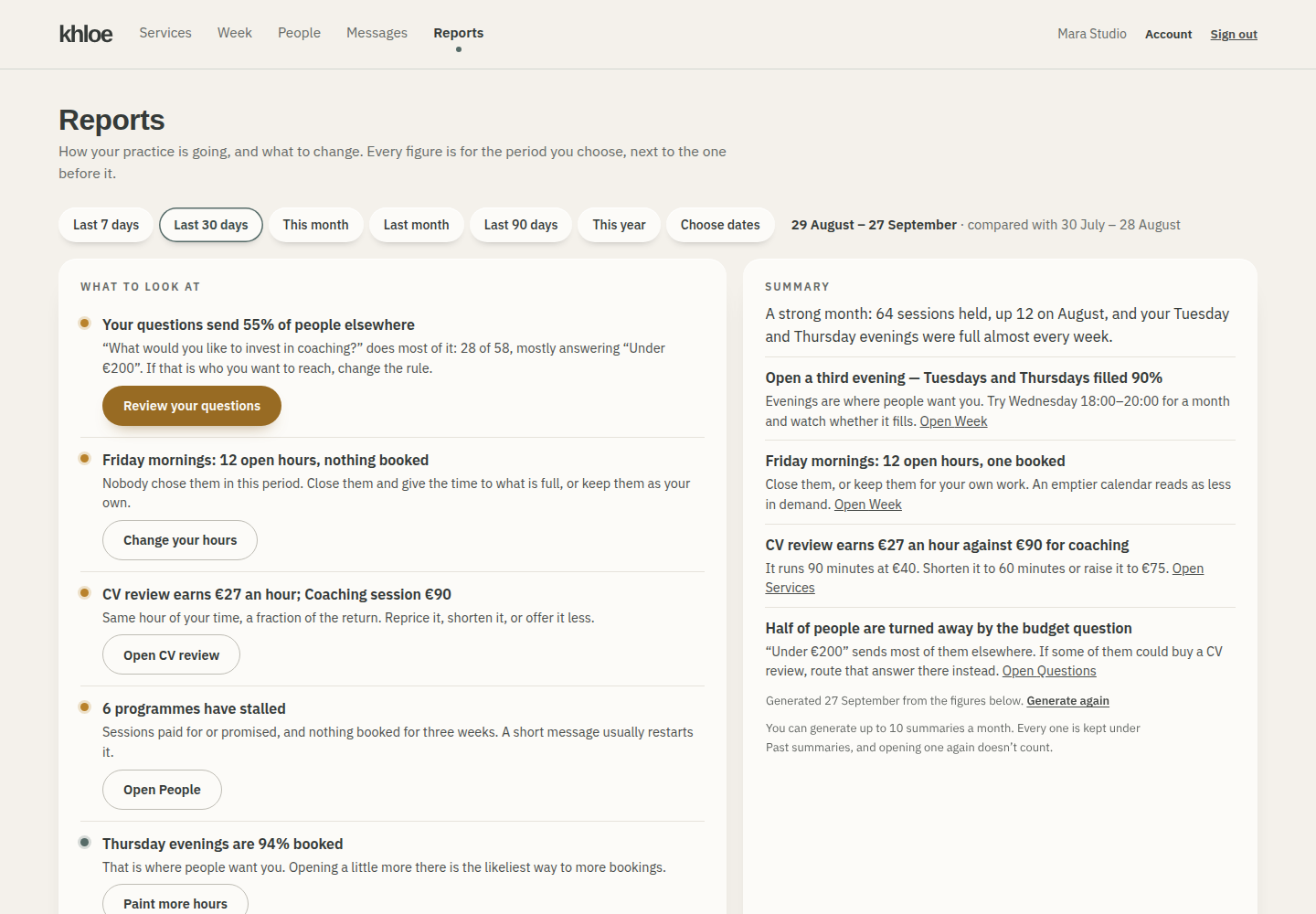 Reports showing the few things most worth changing and a written summary